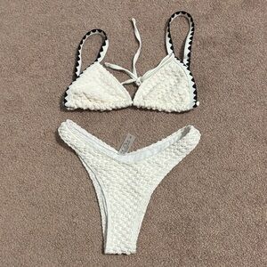 SHEIN White Textured Bikini Set with Black Accents